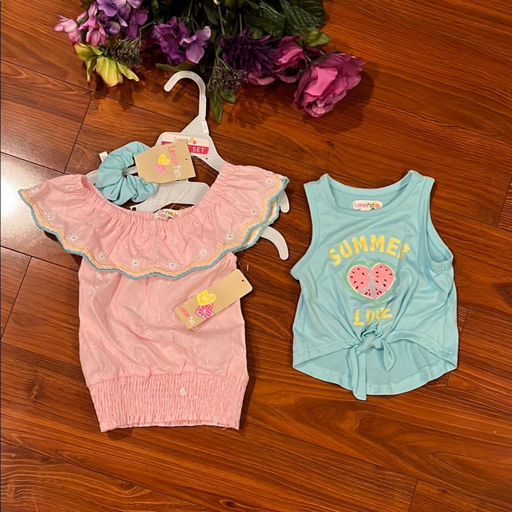 Lemon Kiss Lot, 2 Pink & Blue Tank Tops with bonus blue hair scrunchy Size 2T